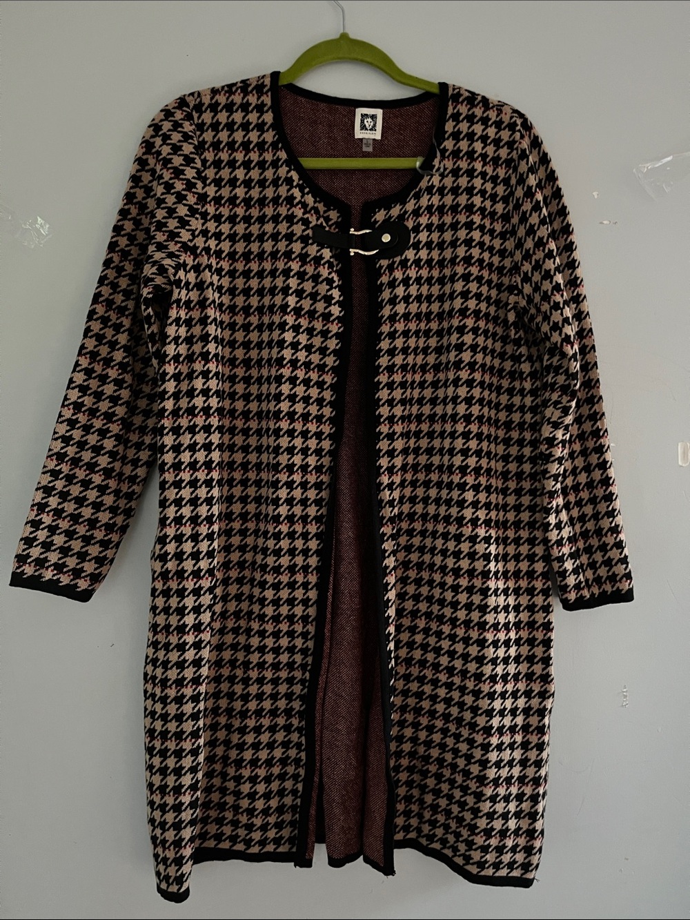 Anne Klein Black & Beige Houndstooth Long Open Cardigan